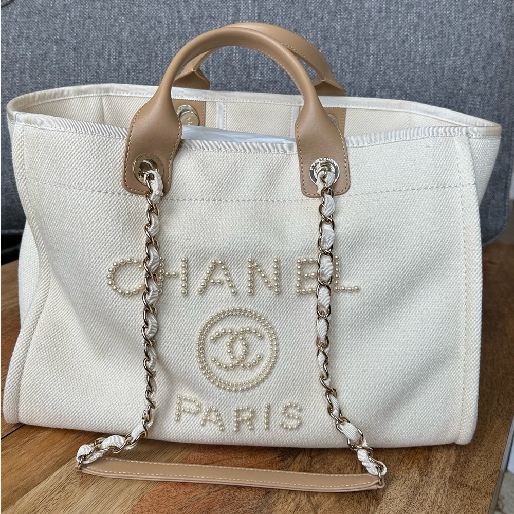 Chanel Large Deauville Pearl and Canvas Tote Bag in Ecru Beige